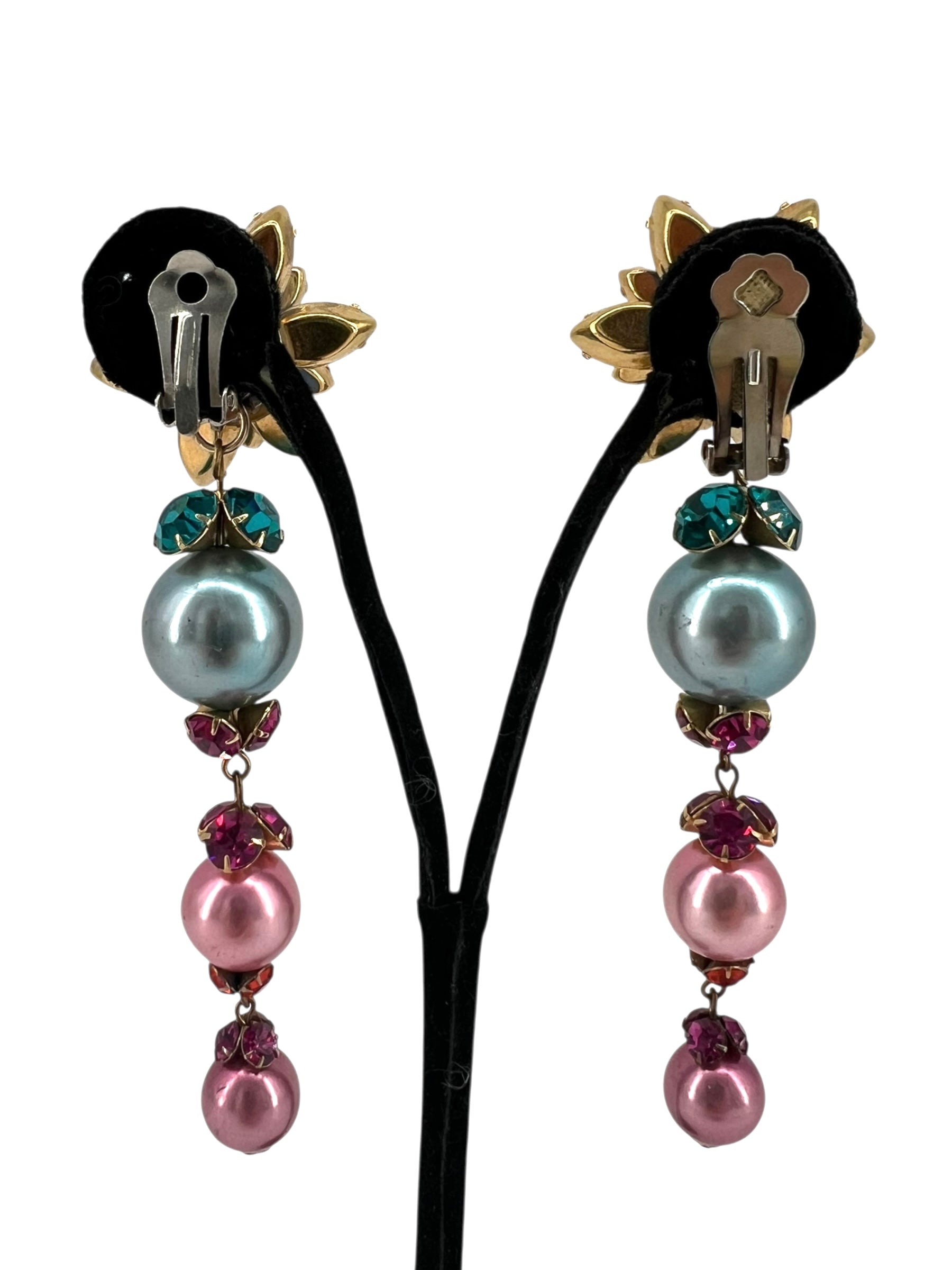 Mistar Bijoux 1980's Magenta and Blue Rhinestone Drop Earrings, back