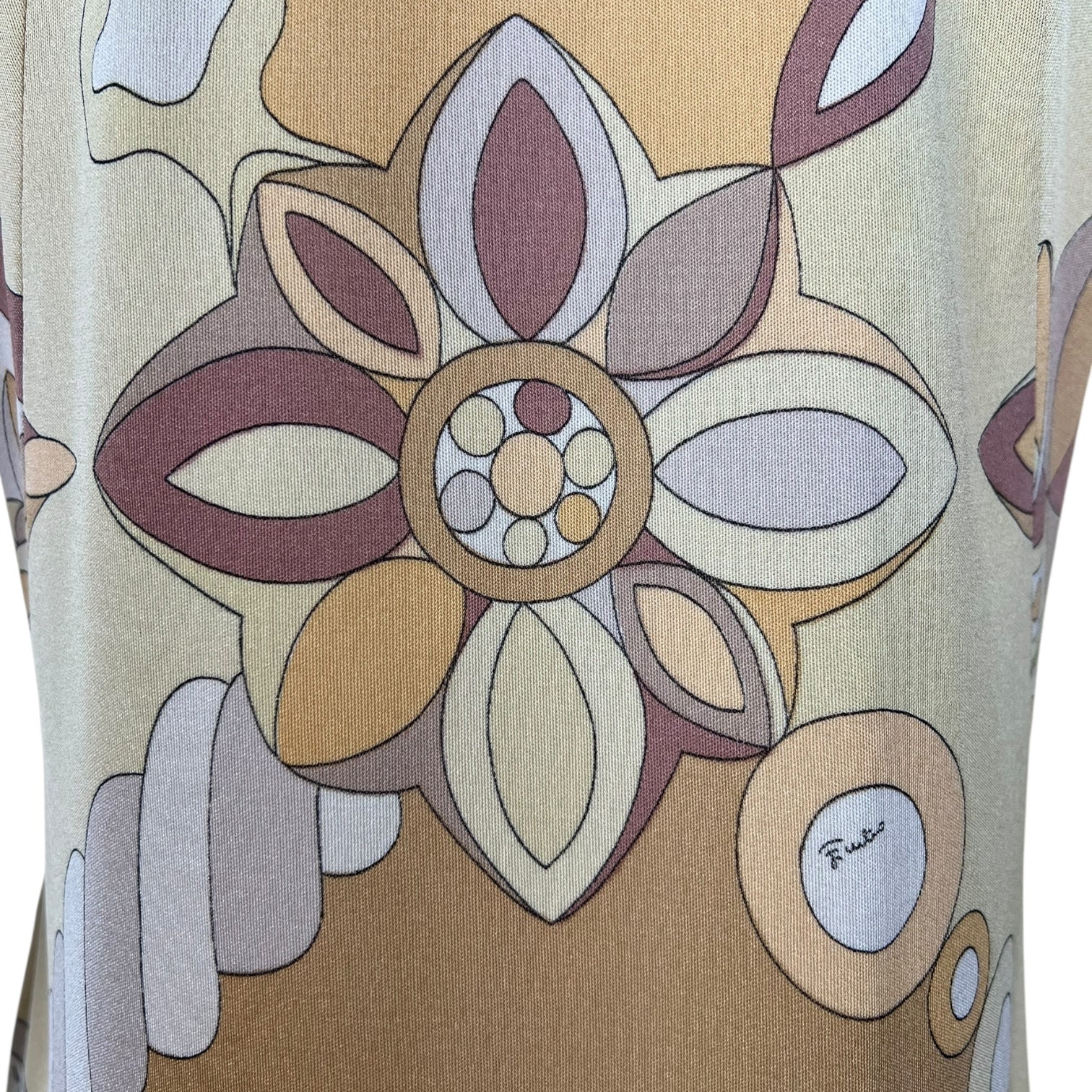 Pucci 1970's Yellow and Tan Printed Silk Jersey Blouse, detail