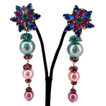 Mistar Bijoux 1980's Magenta and Blue Rhinestone Drop Earrings, full length