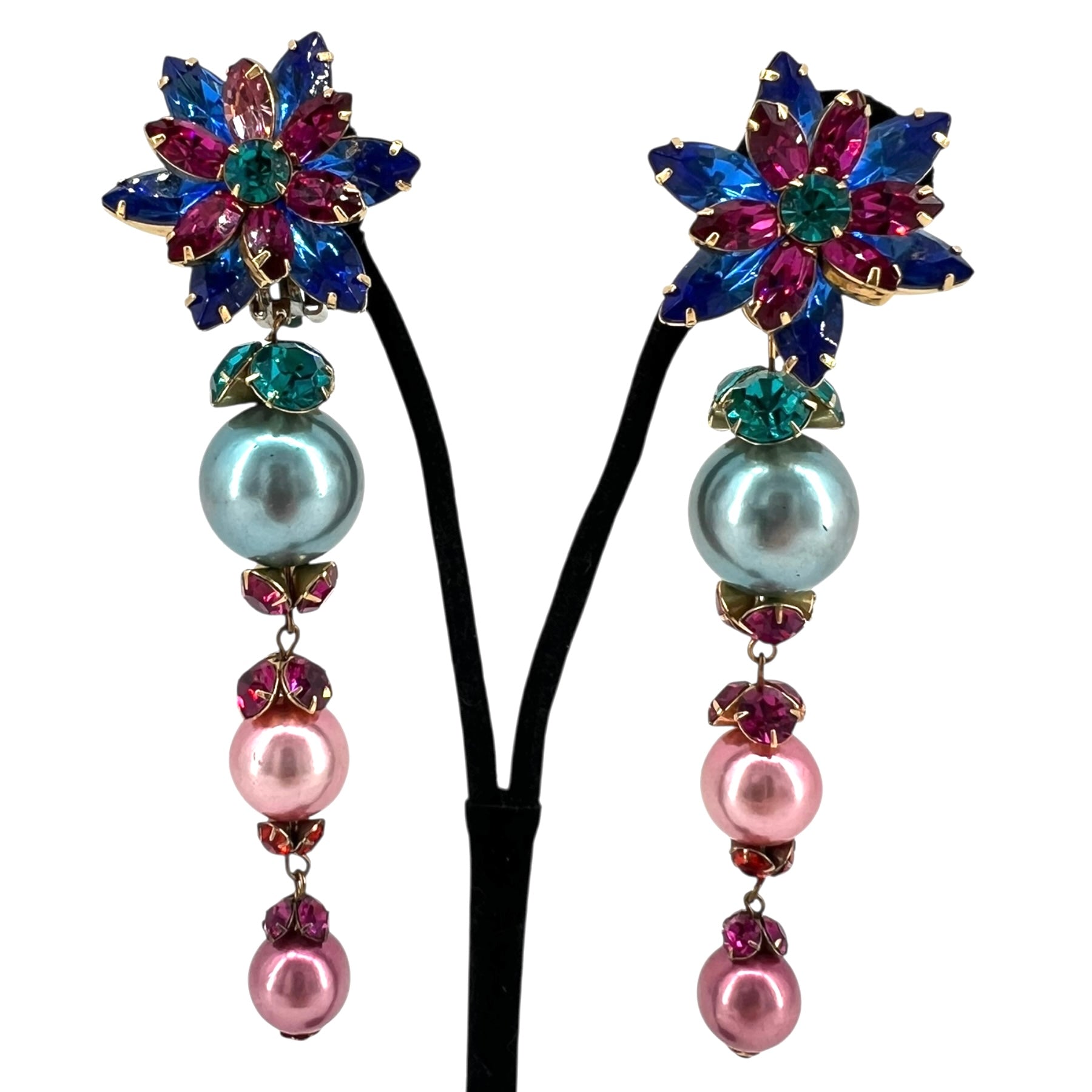 Mistar Bijoux 1980's Magenta and Blue Rhinestone Drop Earrings, full length