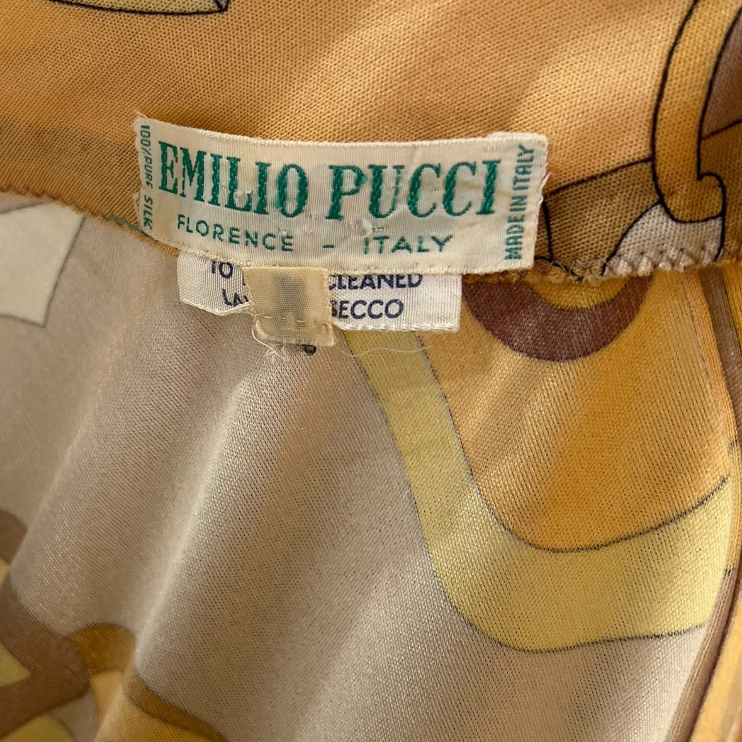 Pucci 1970's Yellow and Tan Printed Silk Jersey Blouse, label