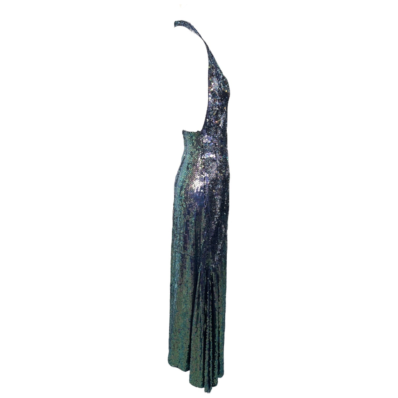1990's Iridescent Sequin Mermaid Halter Gown, side 2