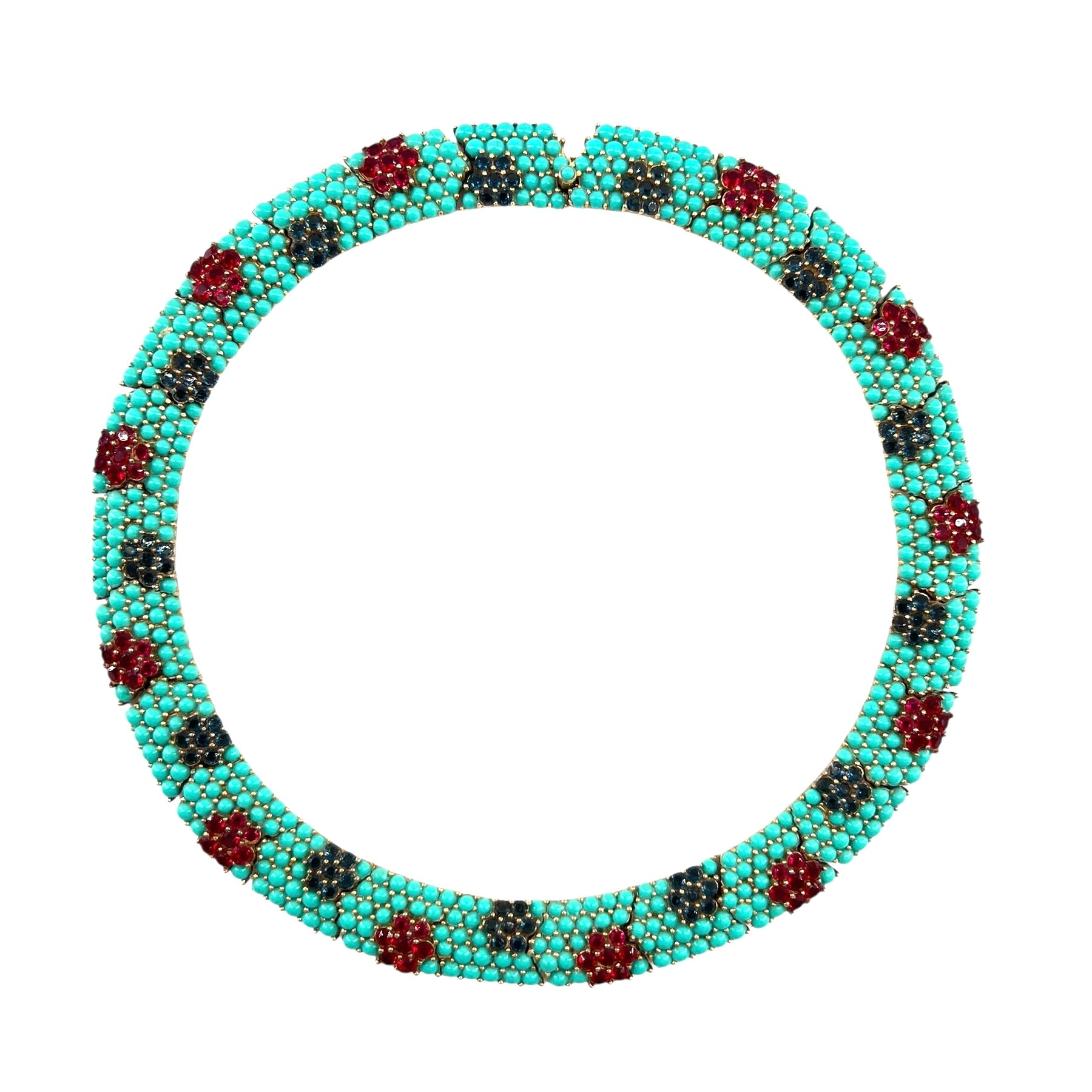 Crown Trifari 60's Demi-Parure Faux Turquoise, Ruby and Sapphire Necklace 