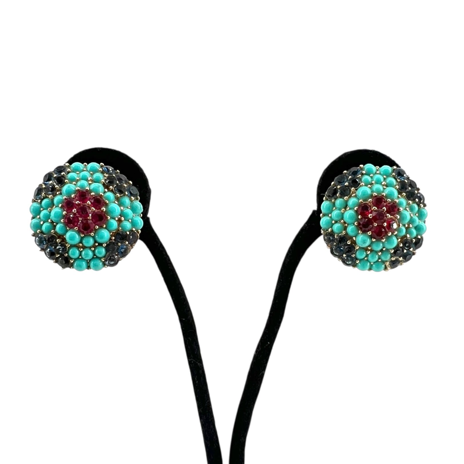 Crown Trifari 60's Demi-Parure Faux Turquoise, Ruby and Sapphire Earrings 2