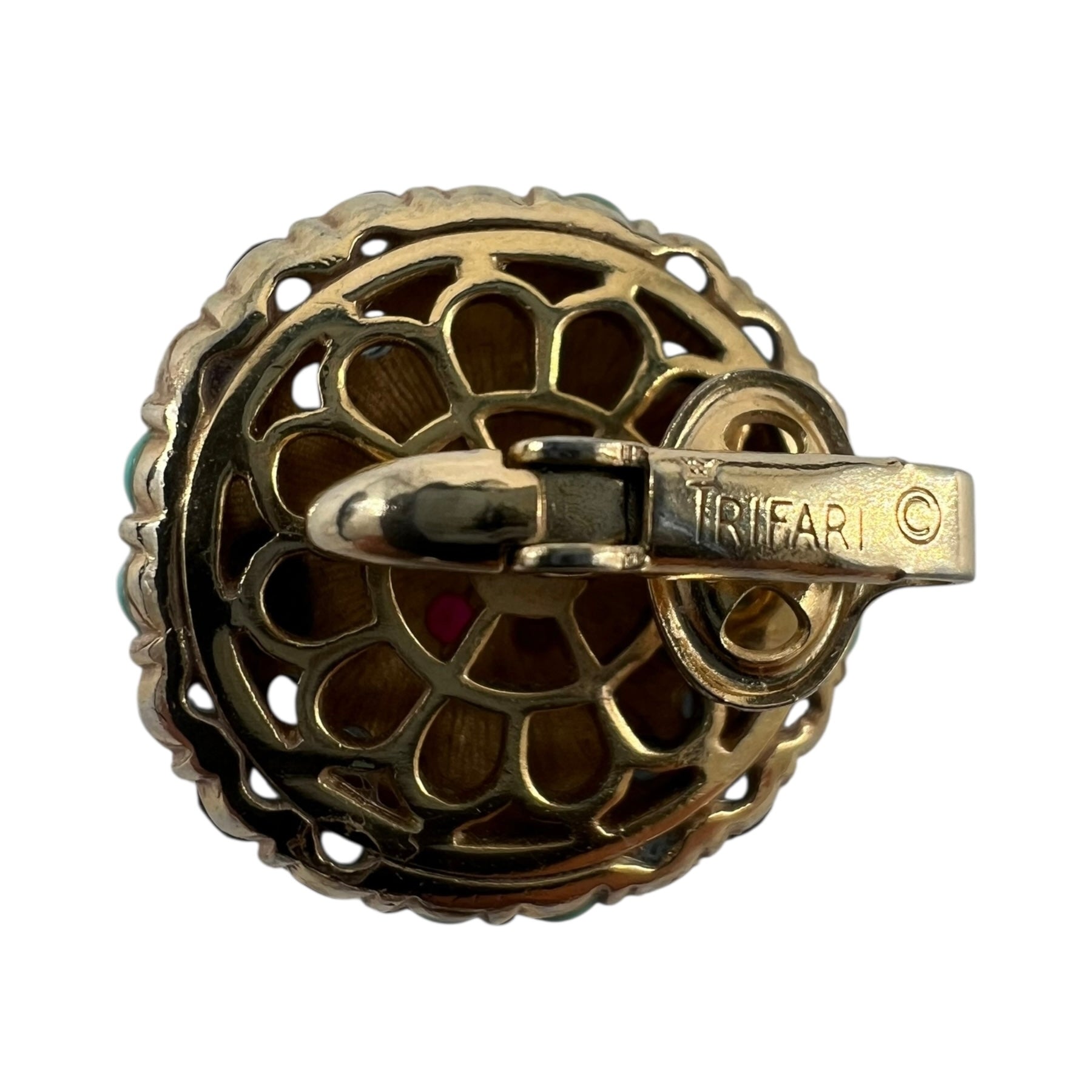 Crown Trifari 60's Demi-Parure Faux Turquoise, Ruby and Sapphire Necklace Earring Set, earring stamp