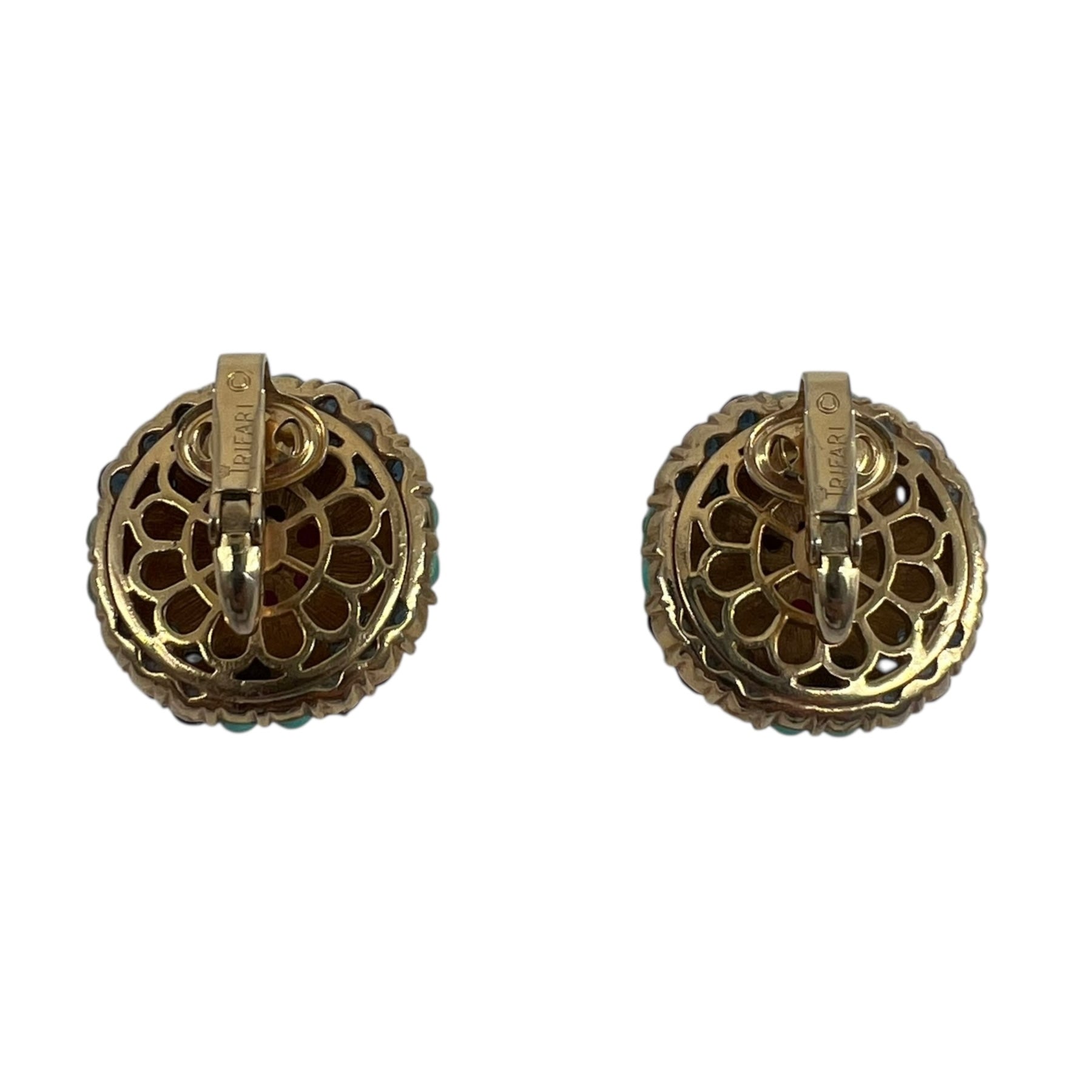 Crown Trifari 60's Demi-Parure Faux Turquoise, Ruby and Sapphire Earrings back