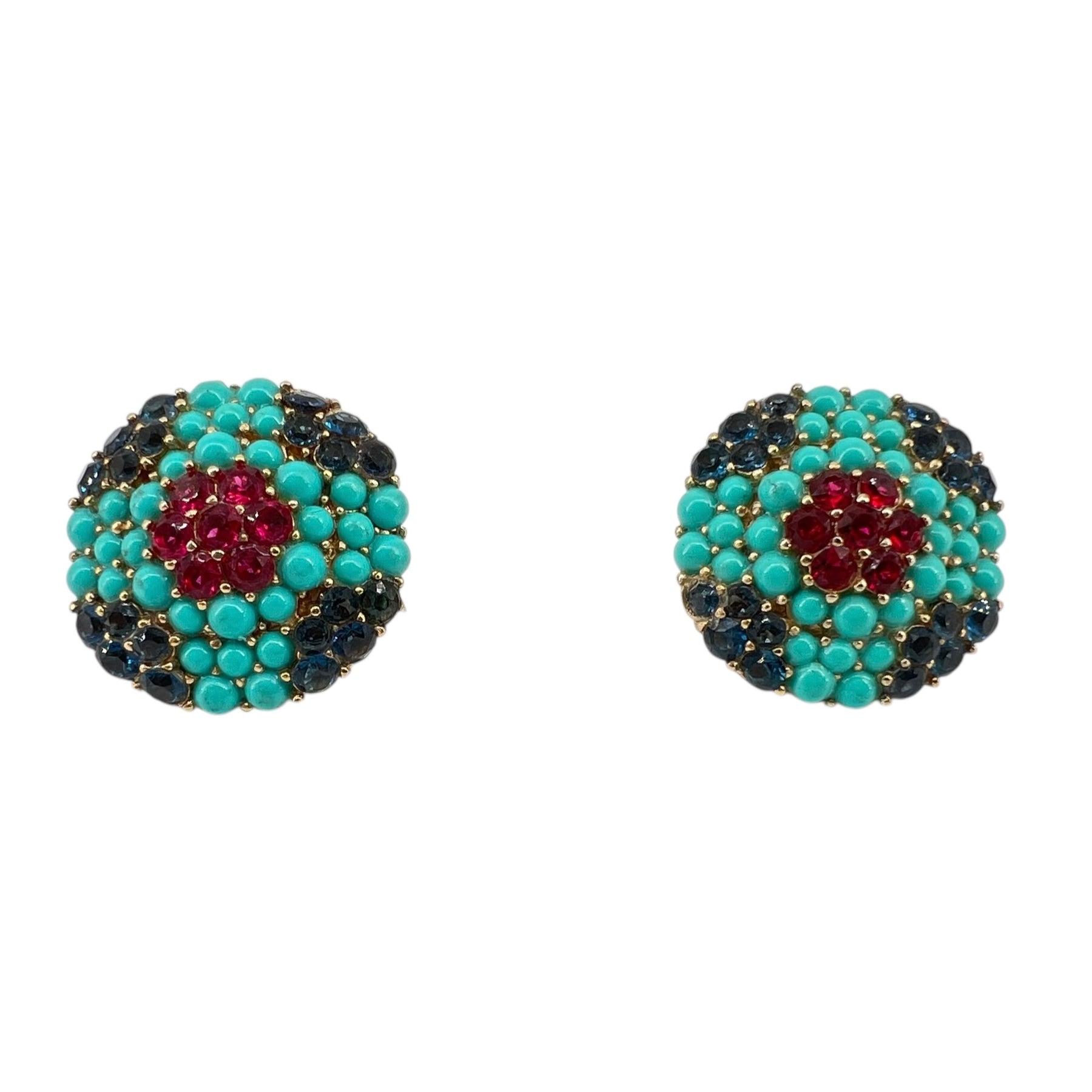 Crown Trifari 60's Demi-Parure Faux Turquoise, Ruby and Sapphire Earrings