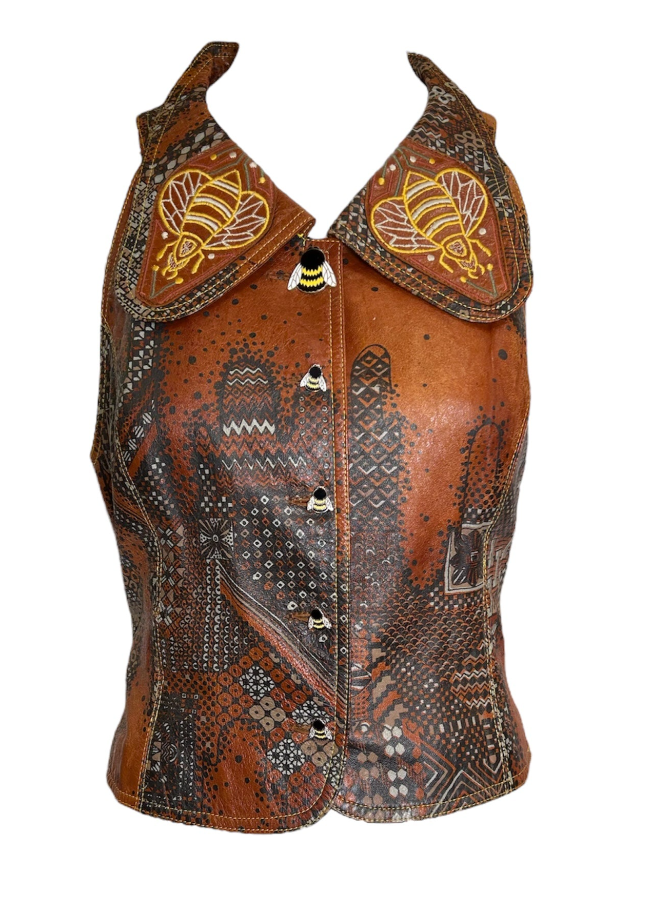 Iconic Bill Gibb 1972 A/W Leather Stenciled Vest with Bee Motif FRONT PHOTO 1 OF 6