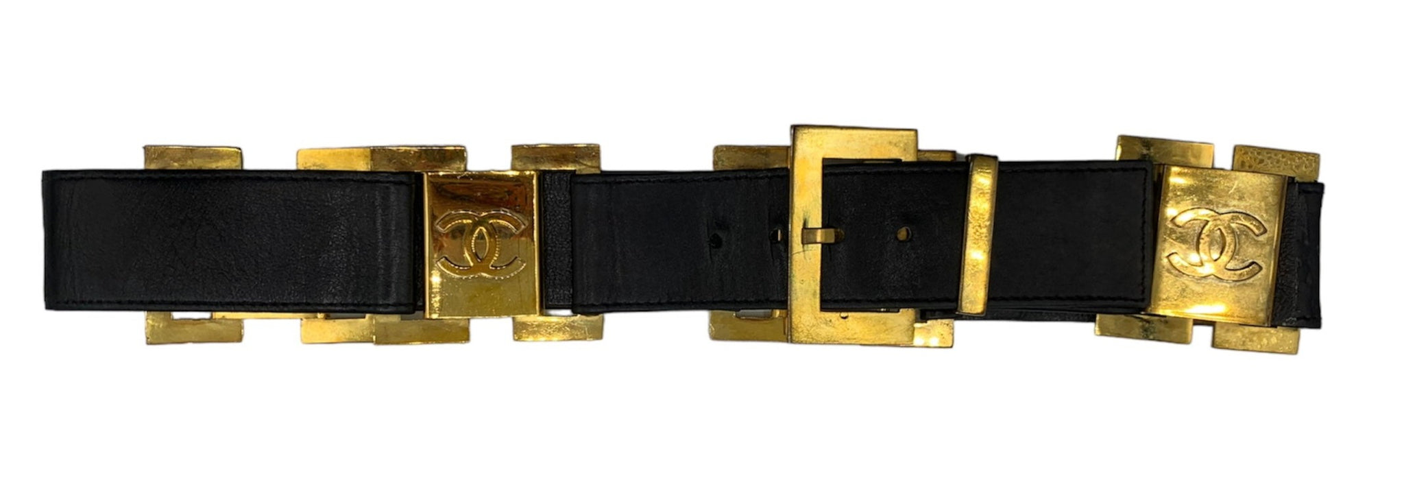Chanel 1980'S BLACK LEATHER AND GOLD BUCKLE CC LINK BELT FRONT 2 of 8