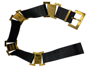 Chanel 1980'S BLACK LEATHER AND GOLD BUCKLE CC LINK BELT FRONT 1 of 8