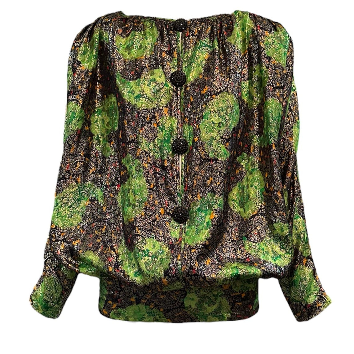 Galanos 80s Acid Green Lame Statement Blouse FRONT 1 of 6