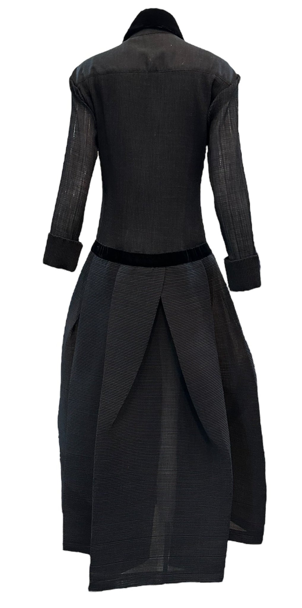 Romeo Gigli 90s  Rare Long Dress in Black Plisse with Velvet Trim BACK 3 of 6