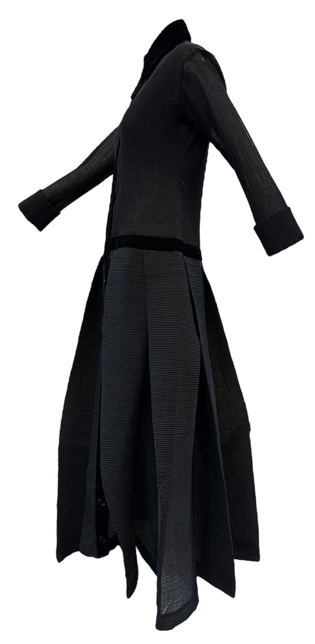 Romeo Gigli 90s  Rare Long Dress in Black Plisse with Velvet Trim SIDE 2 of 6