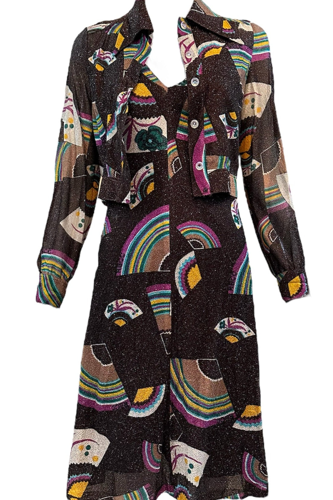 70s Lurex Glam Rainbow Dress & Jacket Ensemble ENSEMBLE FRONT 1 of 7. RBCC 