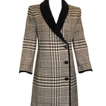   Valentino Brown and Ivory Houndstooth Wool Dress Coat with Velvet Trim FRONT 1 of 6