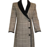   Valentino Brown and Ivory Houndstooth Wool Dress Coat with Velvet Trim FRONT 1 of 6