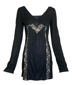  D&G 2000s Black Long Sleeve Mini Dress with Lace Panels FRONT 1 of 5