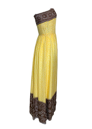  Oscar de la Renta 70s Yellow and White Print Silk Gown with Cocoa Trim SIDE 2 of 5