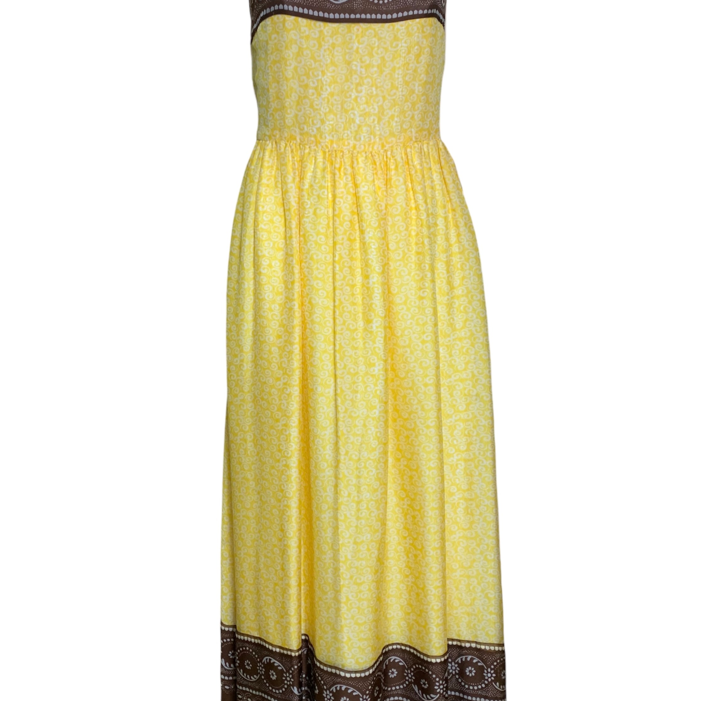  Oscar de la Renta 70s Yellow and White Print Silk Gown with Cocoa Trim FRONT 1 of 5