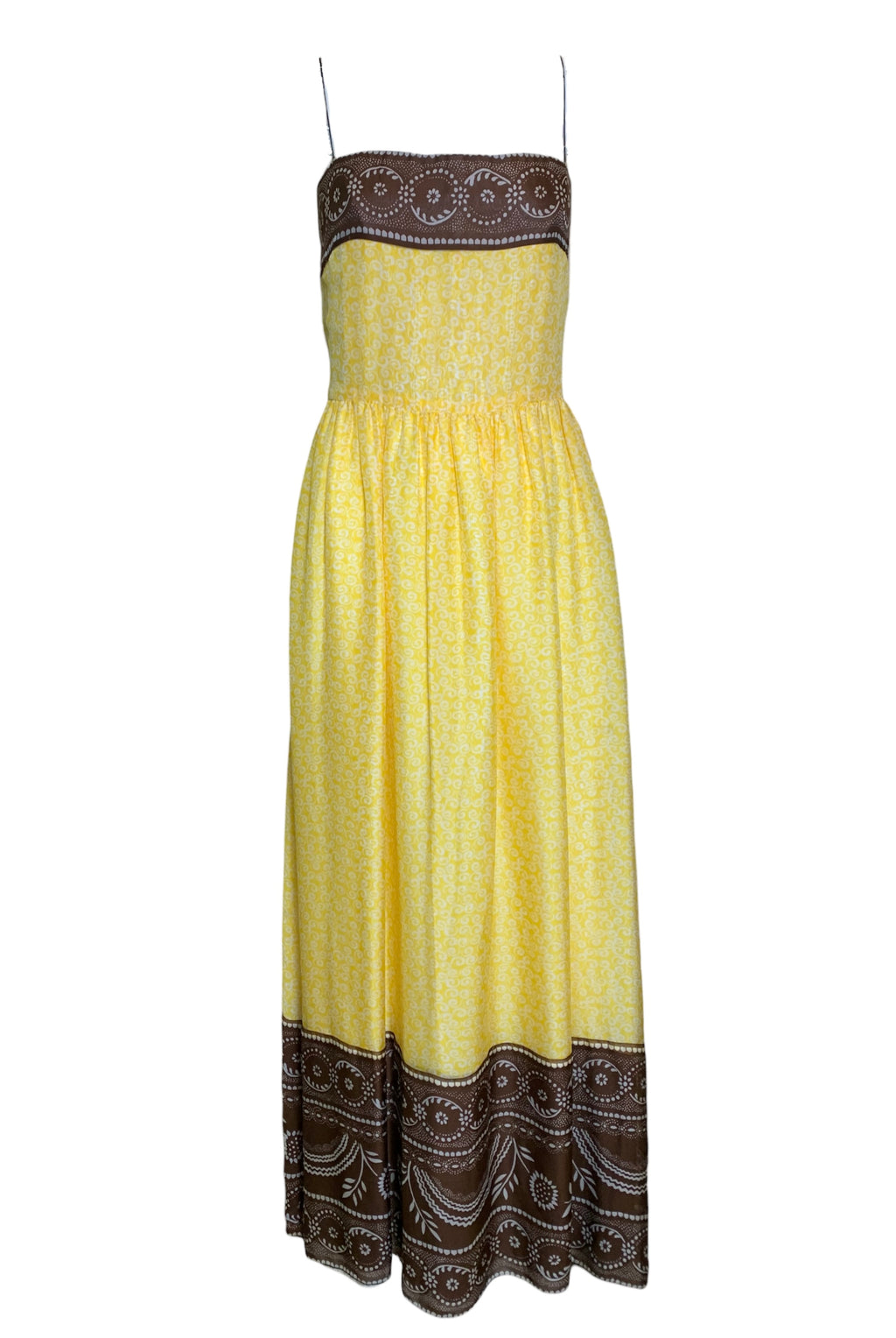  Oscar de la Renta 70s Yellow and White Print Silk Gown with Cocoa Trim FRONT 1 of 5
