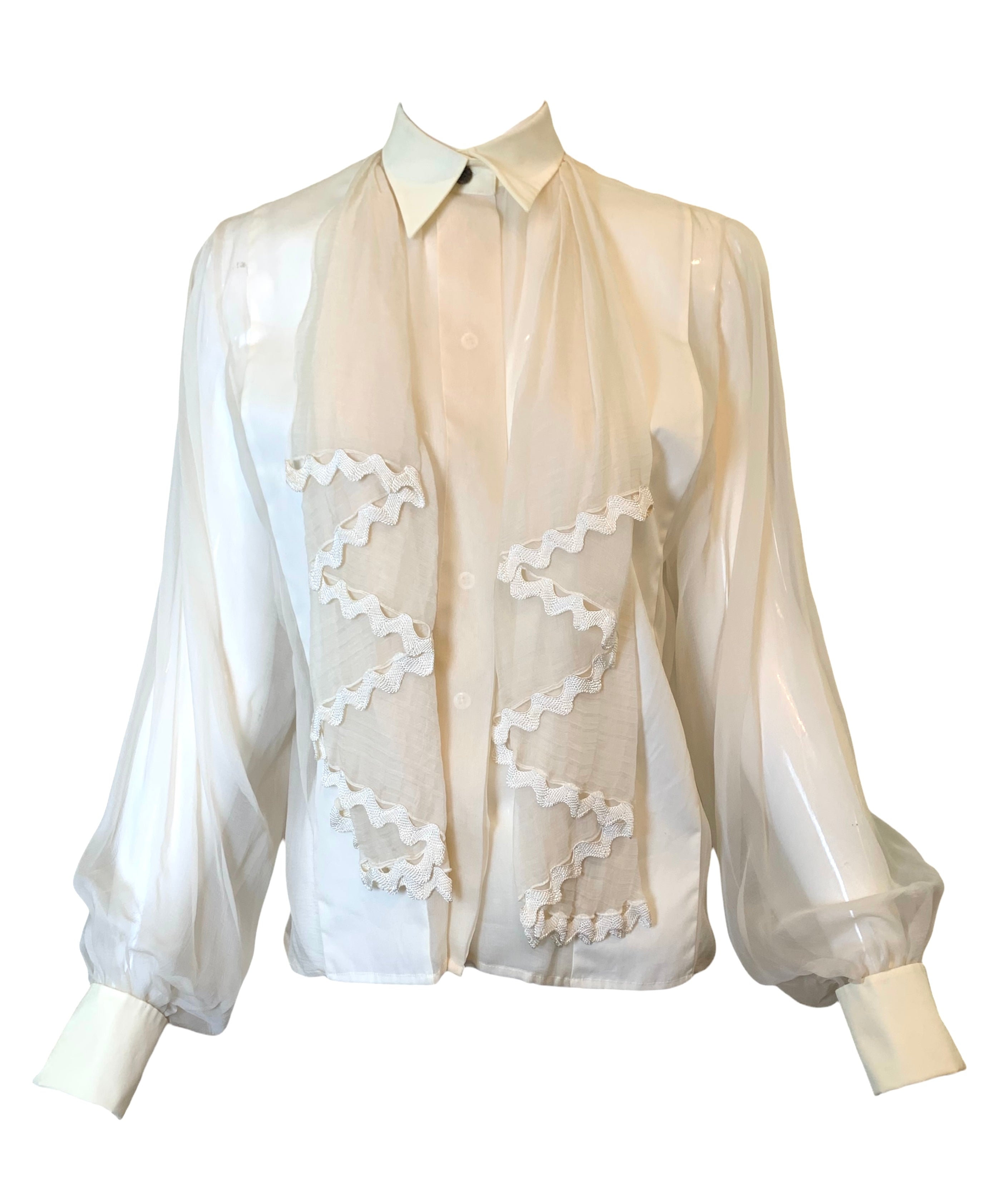 Christian Dior Sheer Cream Silk Ruffled Jabot Button Down Blouse FRONT PHOTO 1 OF 5