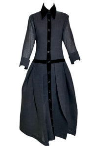 Romeo Gigli 90s  Rare Long Dress in Black Plisse with Velvet Trim FRONT 1 of 6