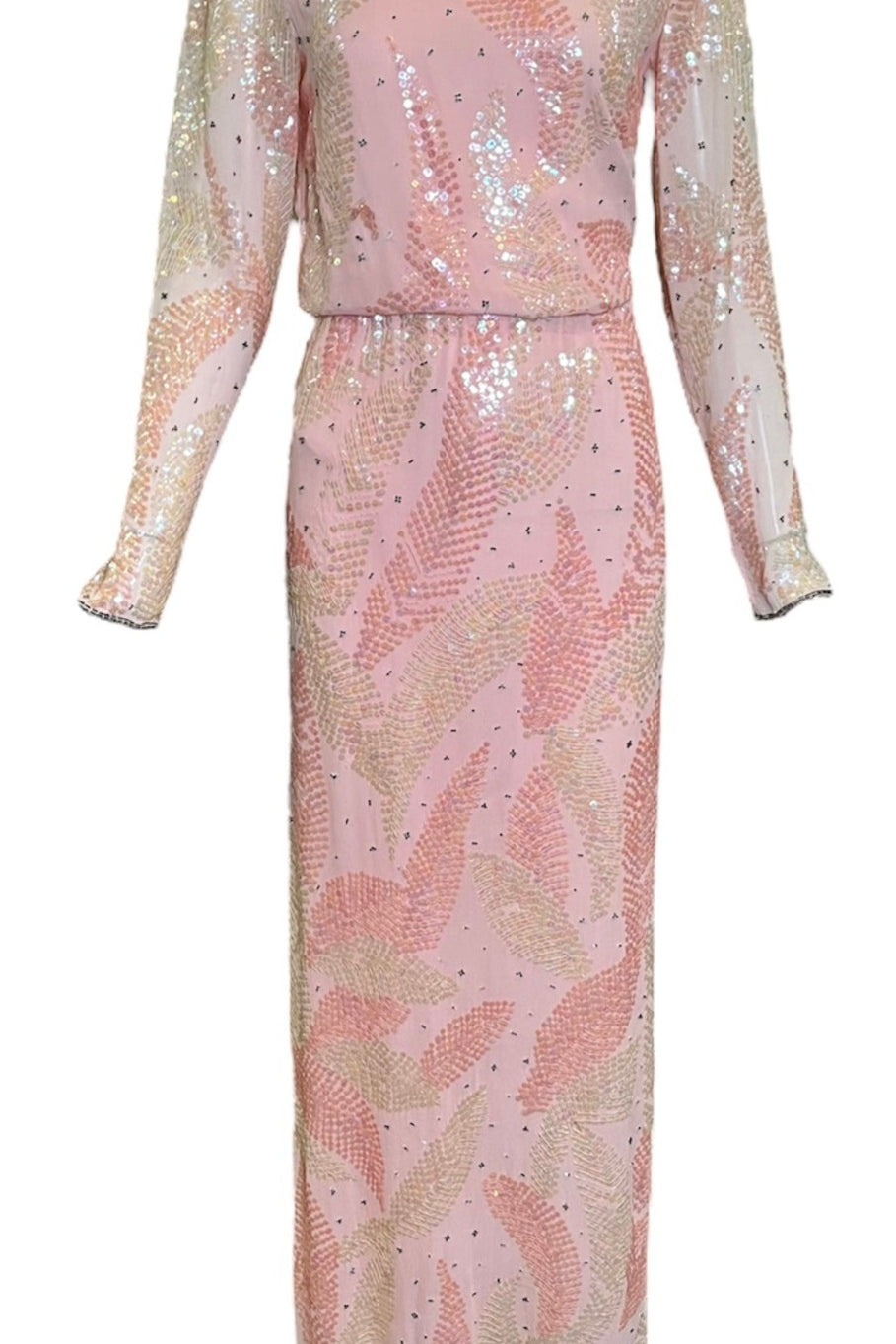 Halston 1970's Pink Silk Chiffon Feather Motif Sequin Gown THE WAY WE WORE Halston 1970's Pink Silk Chiffon Feather Motif Sequin Gown THE WAY WE WORE