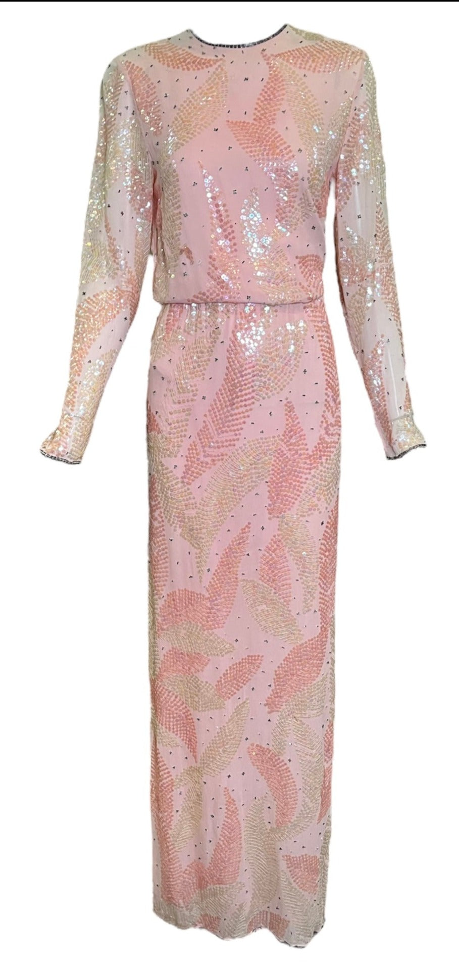 Halston 70s Pink Chiffon Feather Motif Sequin Gown FRONT 1 of 6
