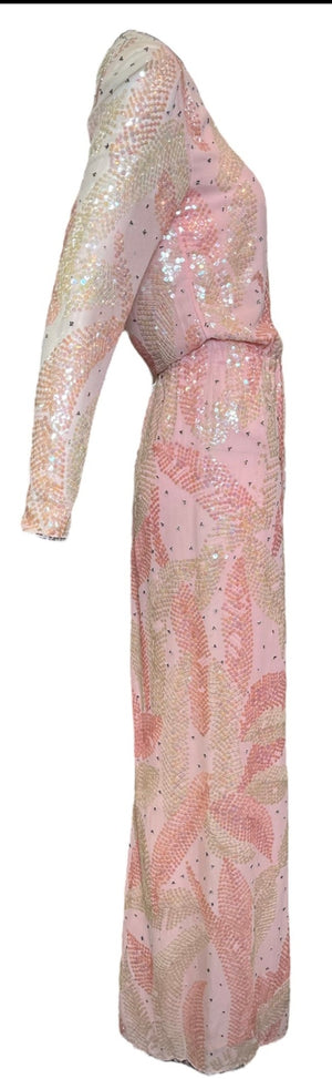 Halston 70s Pink Chiffon Feather Motif Sequin Gown DSIFE 2 of 6