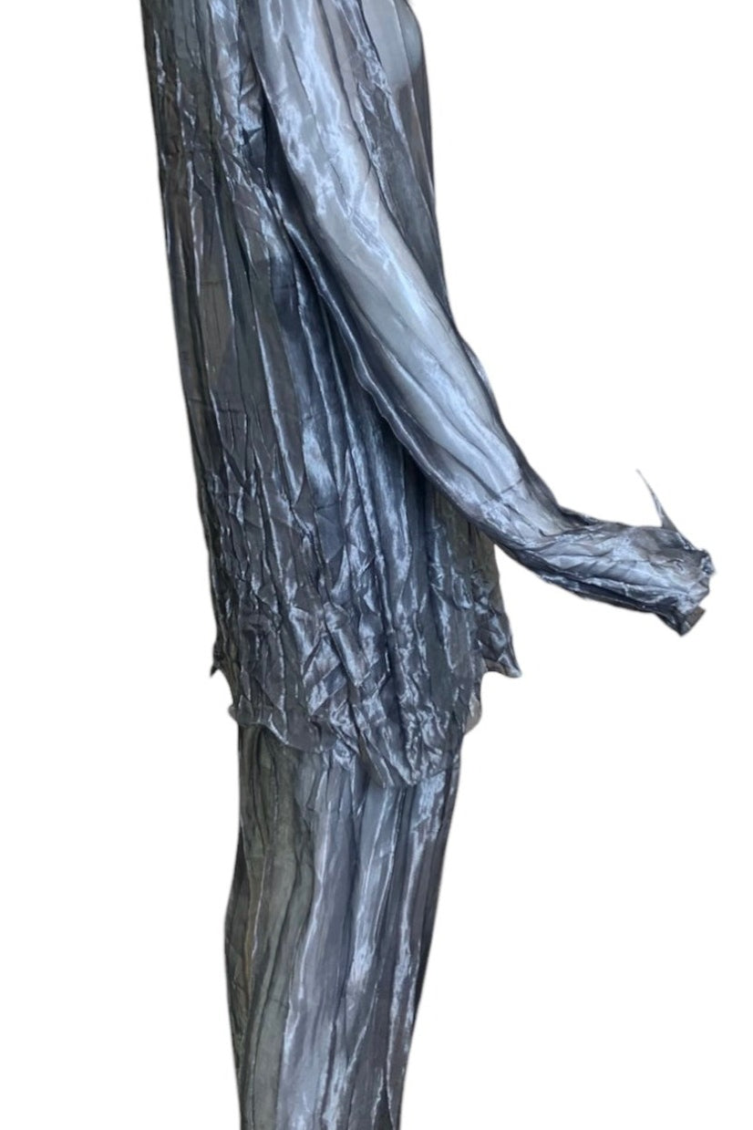 Krizia 90s Silver Sheer Crinkled Shirt & Pants Ensemble Krizia Y2K  Silver Sheer Crinkled Shirt & Pants Ensemble  SIDE 2 of 6