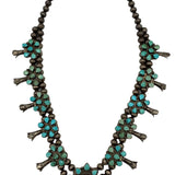 50s Zuni Petit Point Turquoise Stone & Silver Squash Blossom Necklace FRONT 1 of 6