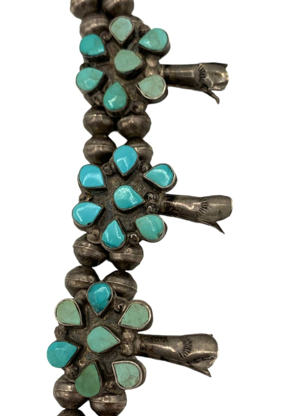 50s Zuni Petit Point Turquoise Stone & Silver Squash Blossom Necklace DETAIL 4 of 6