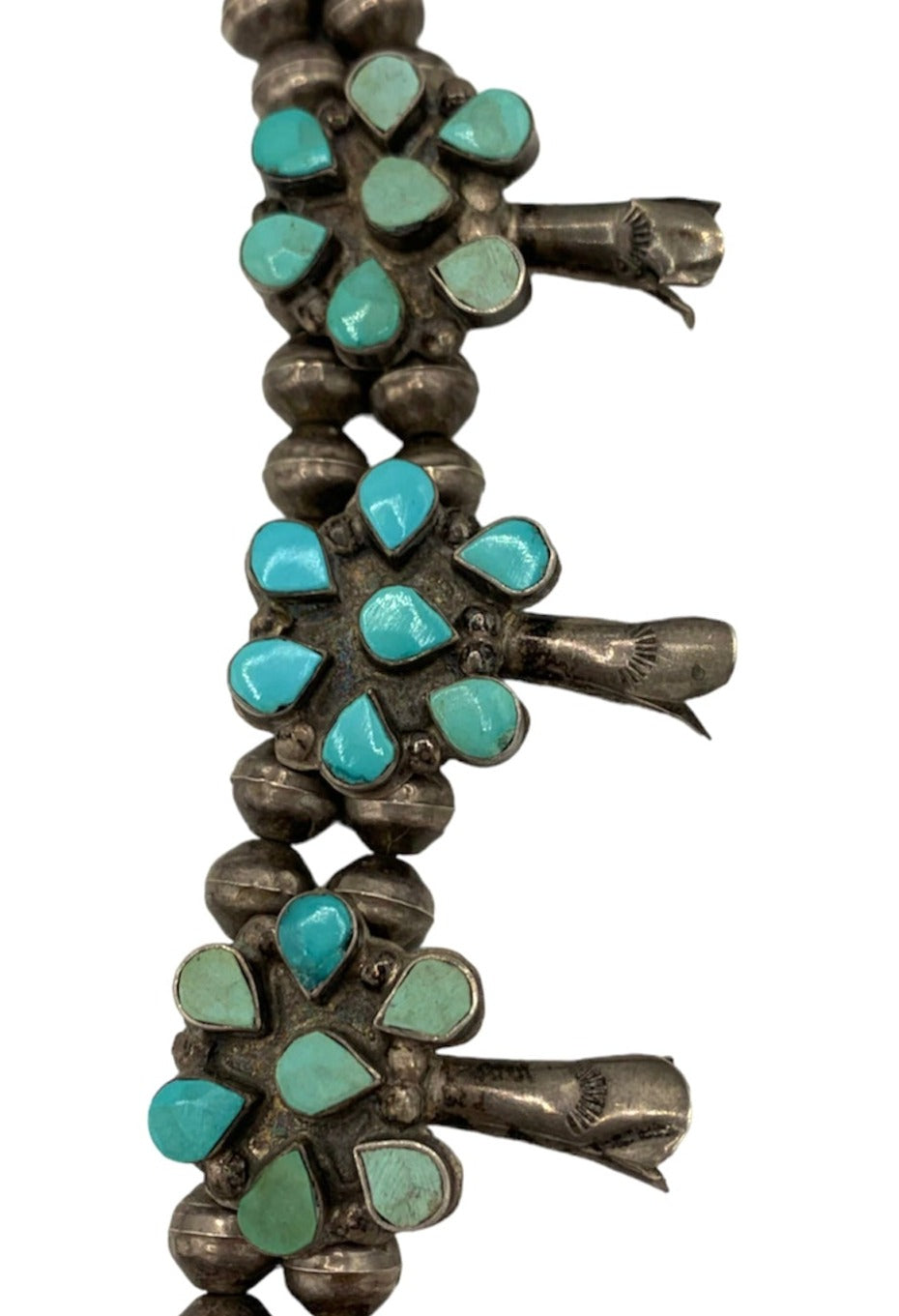 50s Zuni Petit Point Turquoise Stone & Silver Squash Blossom Necklace DETAIL 4 of 6