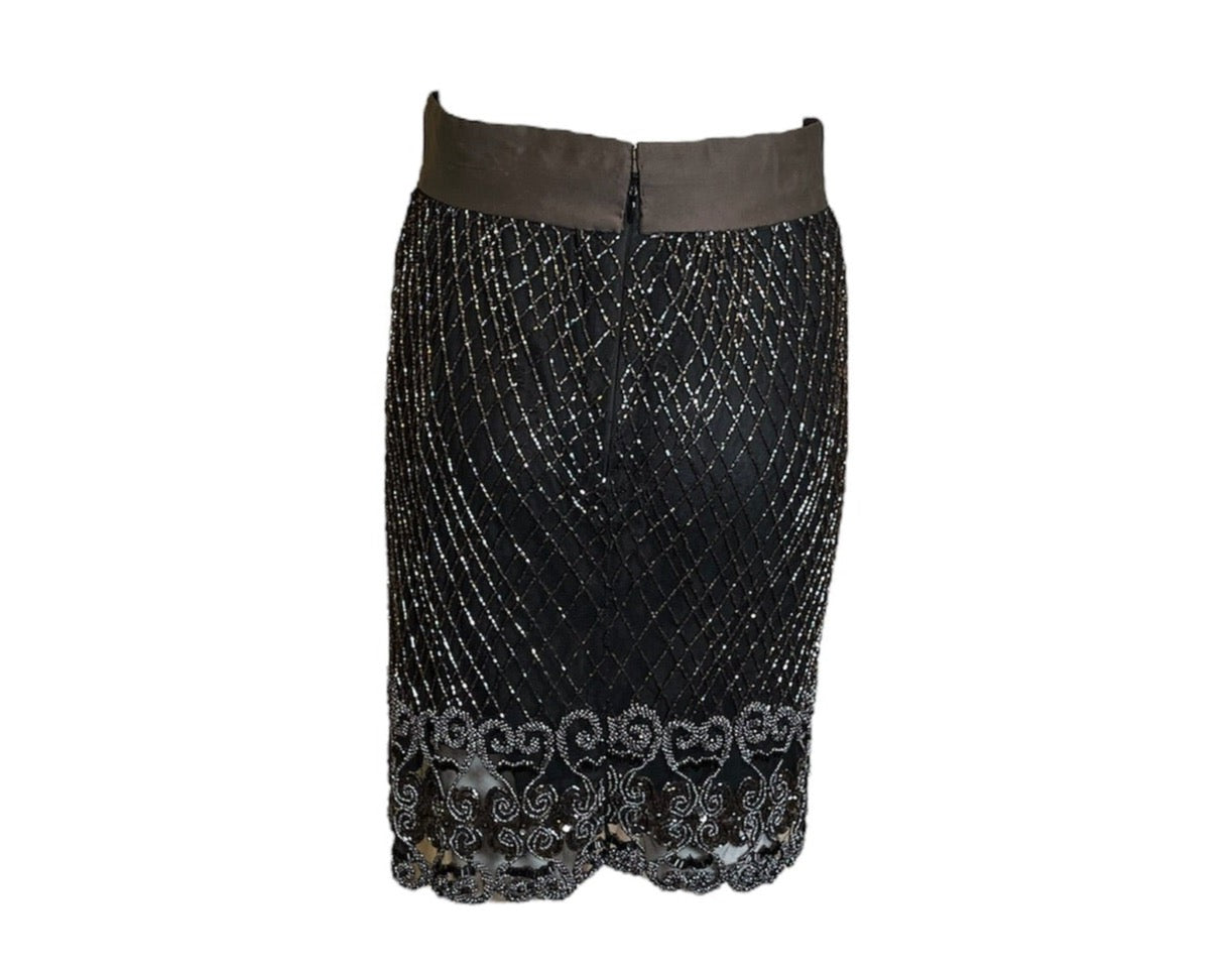 Badgley Mishka Root Beer Densely Beaded 3-Piece Ensemble, skirt back