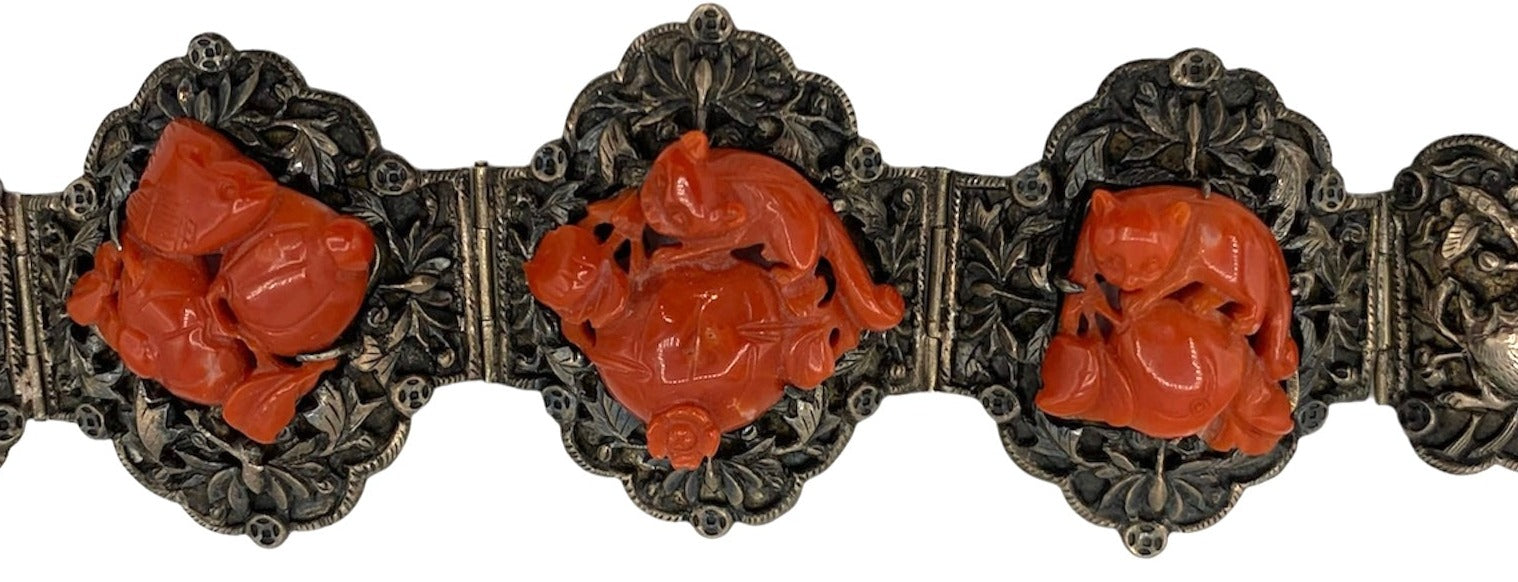 1920s Chinese Silver Repousse  Bracelet with Deep Carved Coral Medallions  DETAIL 4 of 6