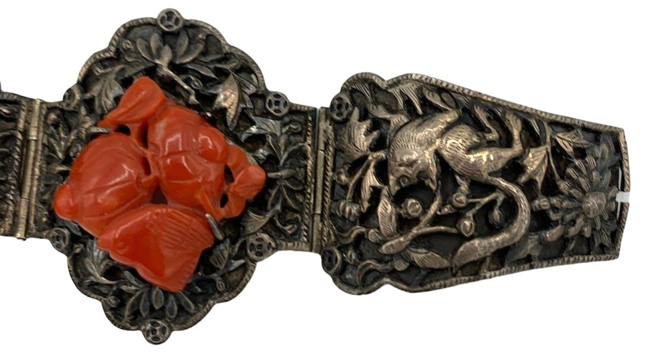 1920s Chinese Silver Repousse  Bracelet with Deep Carved Coral Medallions CLOSE UP 5 of 6