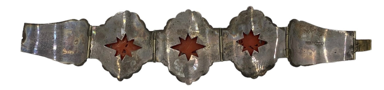 1920s Chinese Silver Repousse  Bracelet with Deep Carved Coral Medallions REVERSE 2 of 6