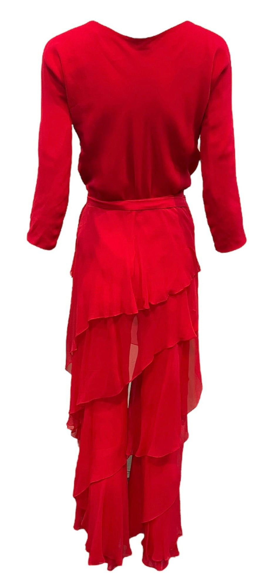 Halston 1970s Lipstick Red Chiffon Ruffled Ensemble with Pants BACK 3 of 6