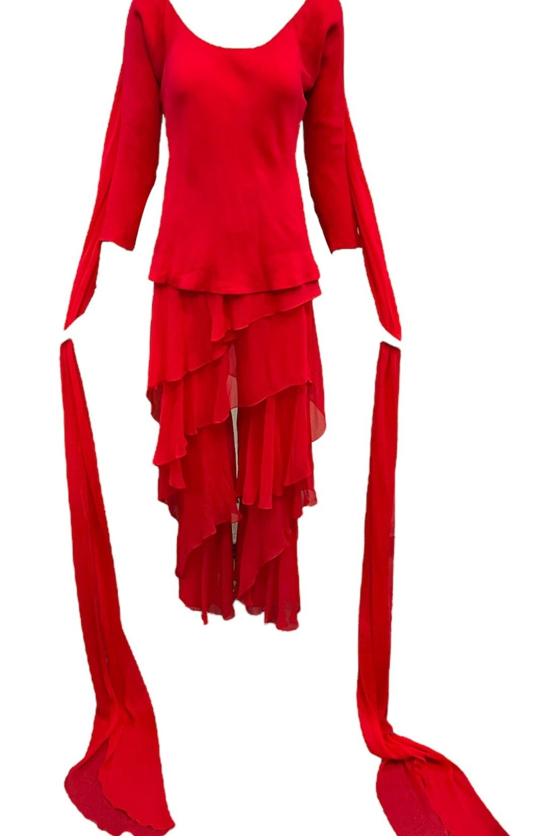 Halston 1970s Lipstick Red Chiffon Ruffled Ensemble with Pants FRONT 1 of 6