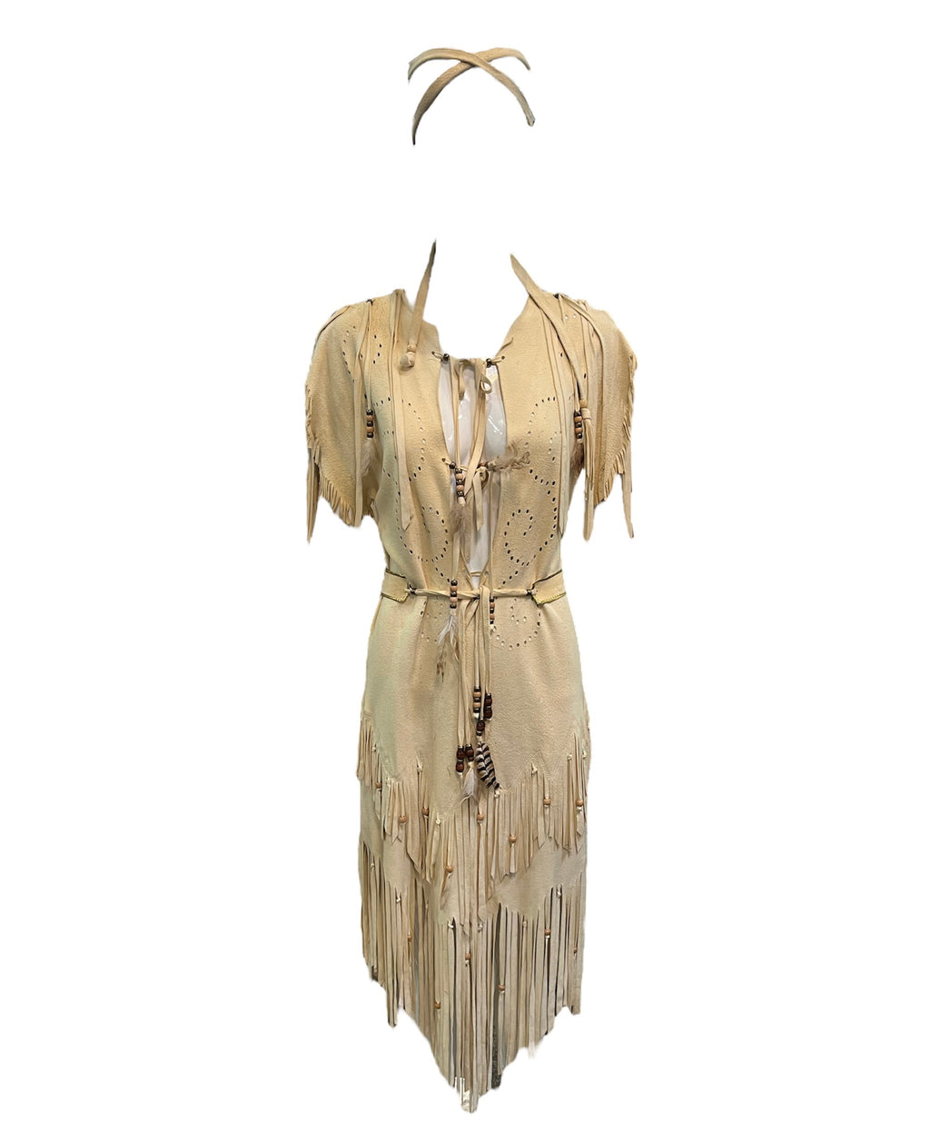    70s Southwestern Hippie Fringed Doe Skin Dress FRONT WITH HEADBAND 1  of 5