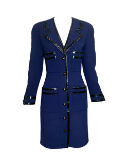 Chanel 90s Tailored Navy Blue Coat Dress with Patent Leather Trim