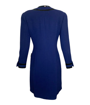 Chanel 90s Tailored Navy Blue Coat Dress with Patent Leather Trim, back