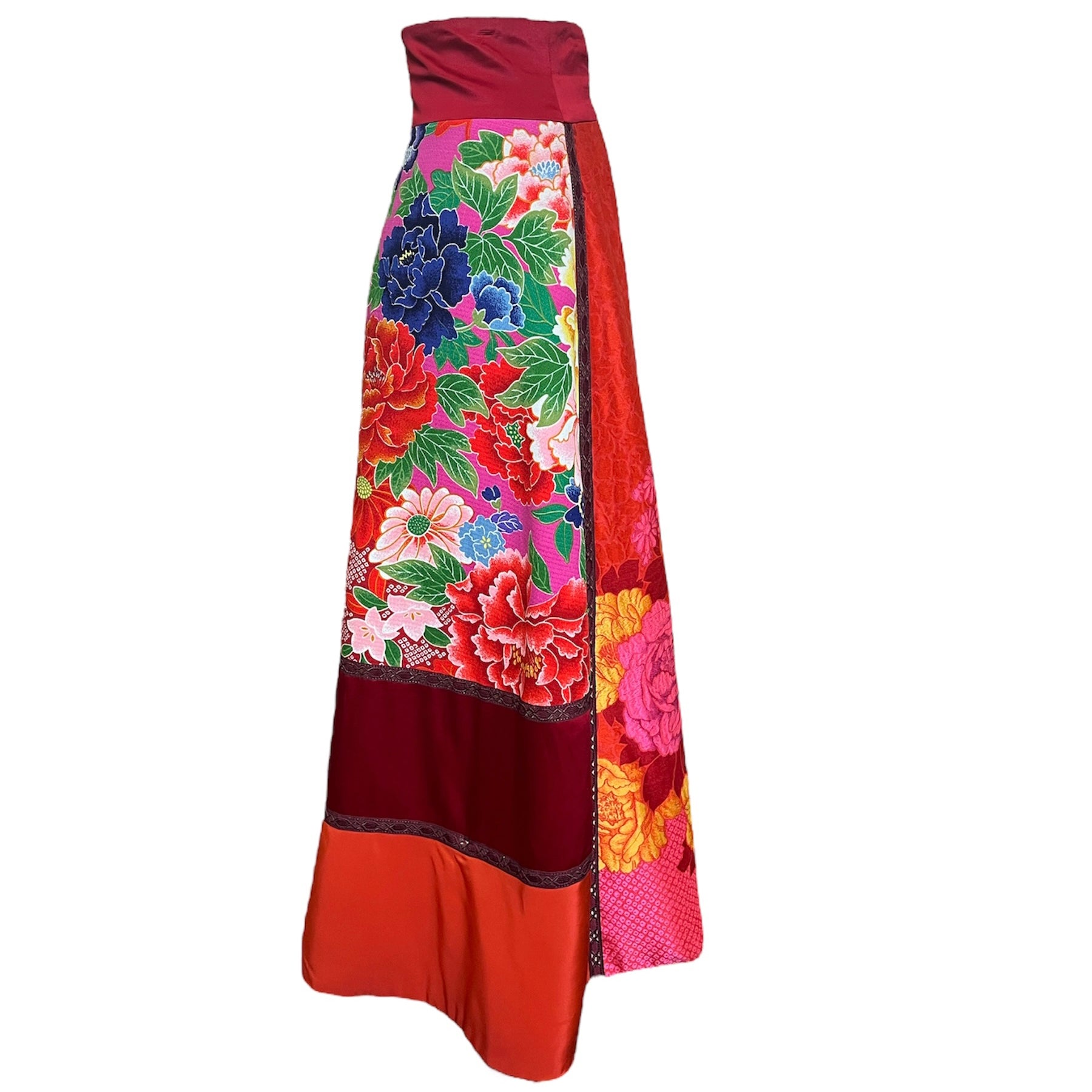 KENZO 2000s Silk Kimono Inspired Patchwork Maxi Skirt, side