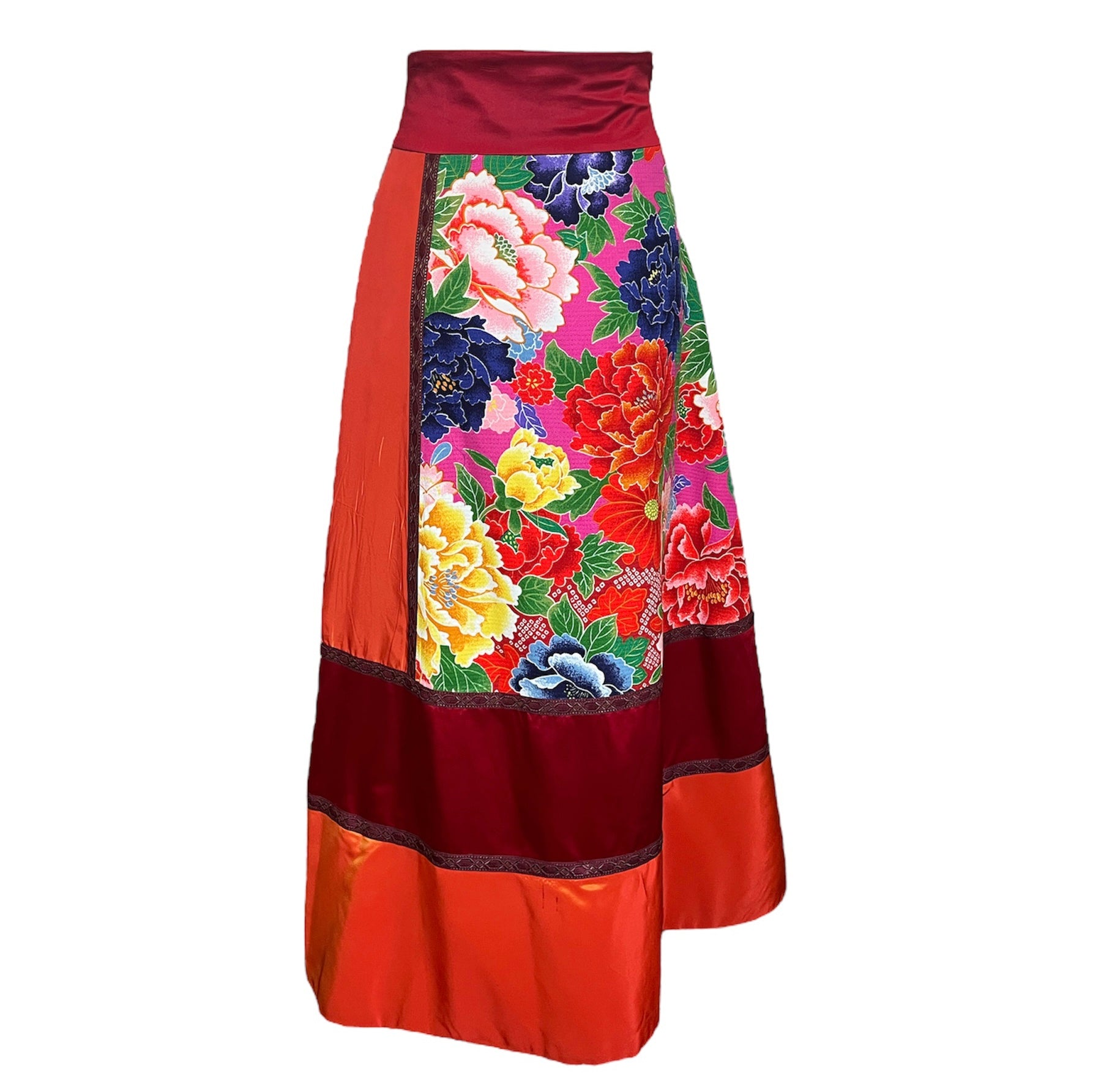 KENZO 2000s Silk Kimono Inspired Patchwork Maxi Skirt, back