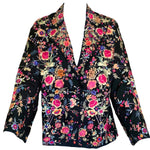 Chinese 1930s Colorful Floral Hand Embroidered Black Silk Jacket FRONT 1 of 6