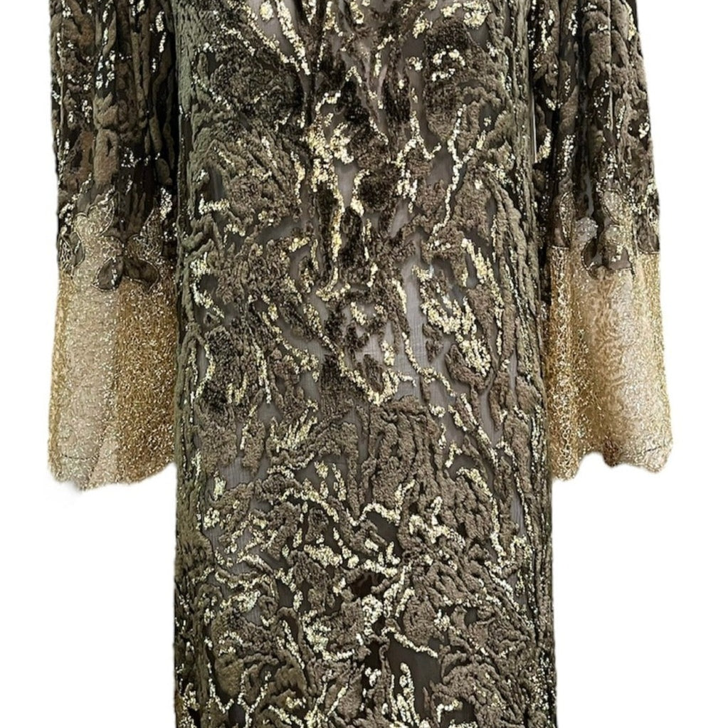Oscar de la Renta 80s Brown Cut  Velvet & Gold Lace  Tunic Style Evening Dress FRONT 1 of 7