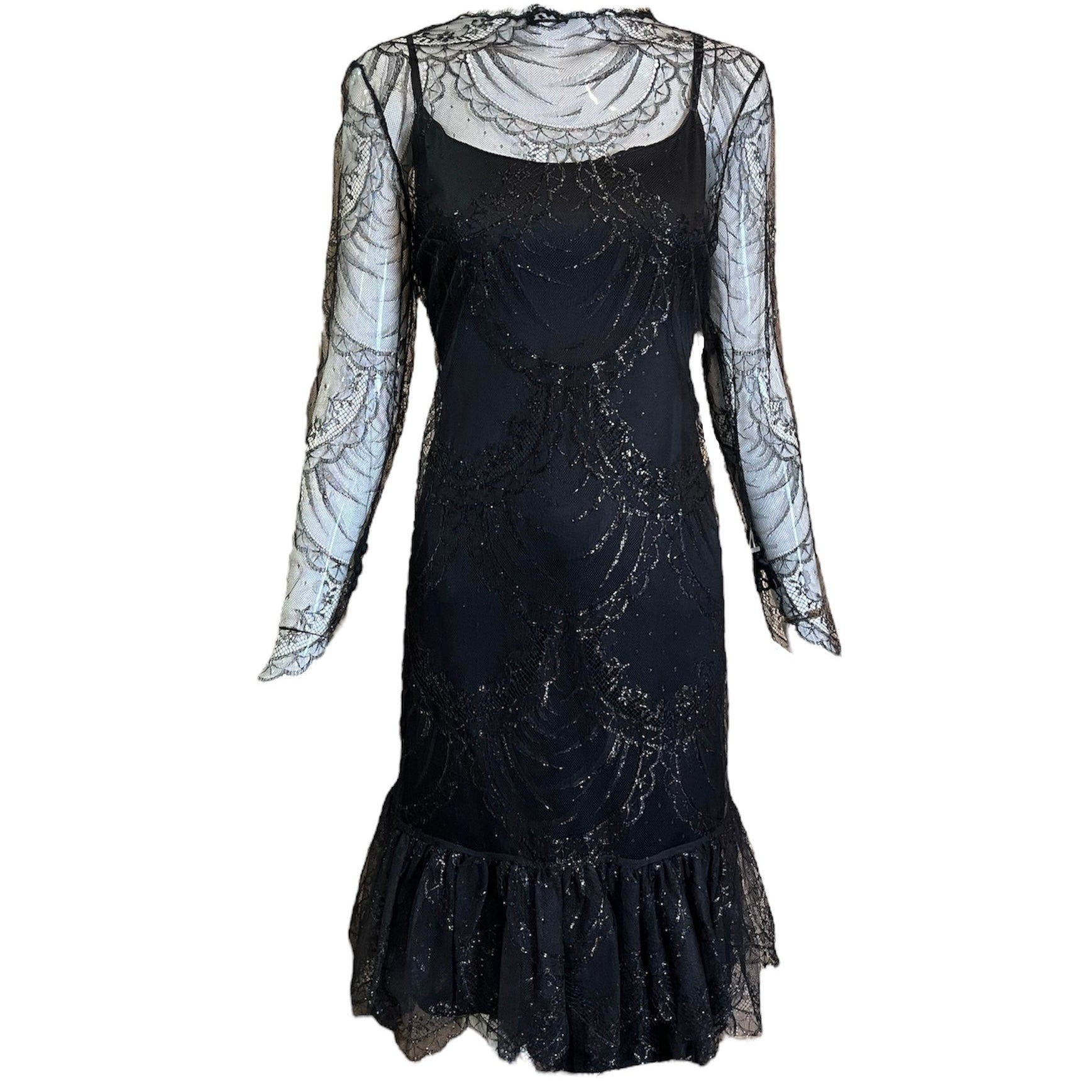 Bill Blass 80's Black Lace Dress w/ Slip FRONT 1 OF 4