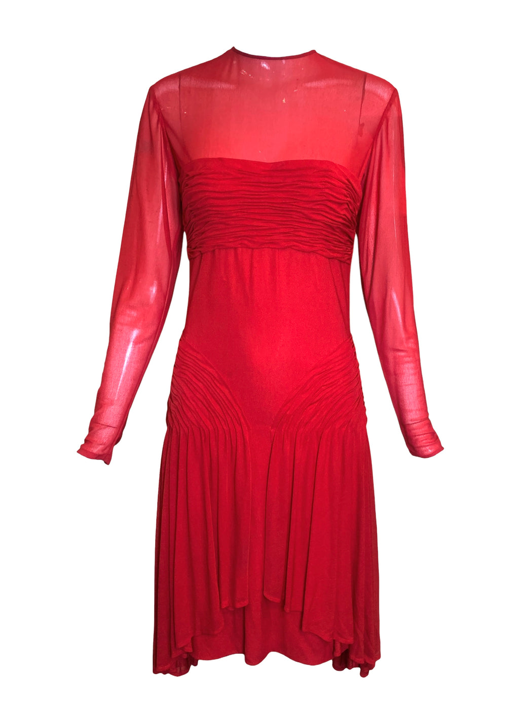 '80s Red Ruched Semi-Sheer Jersey Cocktail Dress FRONT