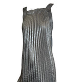 Marithe + Francois Girbaud 90s Gun Metal Pleated Asymmetric Halter Gown with Ruched Bottom Pleat FRONT DETAIL