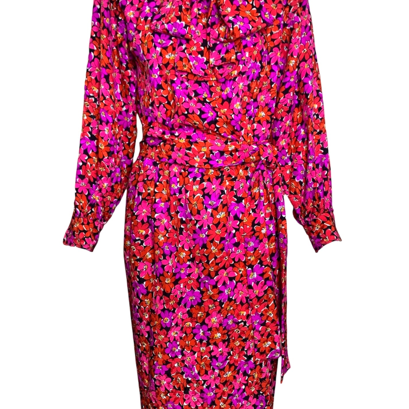 1989 Saint Laurent Magenta Silk Floral Print Dress Ensemble FULL ENSEMBLE FRONT